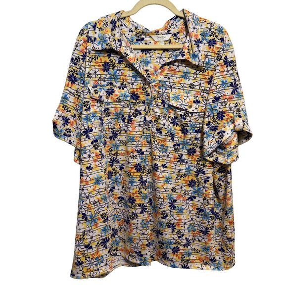 Coral Bay Womens Plus Size Floral Striped Button-Up Shirt 2X - Picture 1 of 8